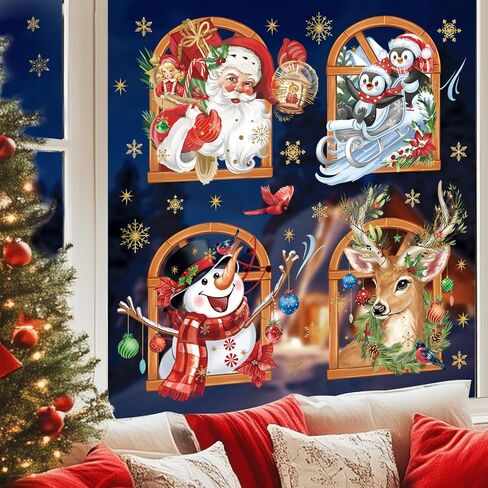wondever 3D Christmas Window Wall Stickers Santa Claus Penguins Snowman Reindeer Christmas Window Wall Art Decals for Christmas Party Window Xmas Home Party in Saudi Arabia