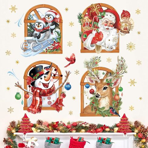 wondever 3D Christmas Window Wall Stickers Santa Claus Penguins Snowman Reindeer Christmas Window Wall Art Decals for Christmas Party Window Xmas Home Party in Saudi Arabia