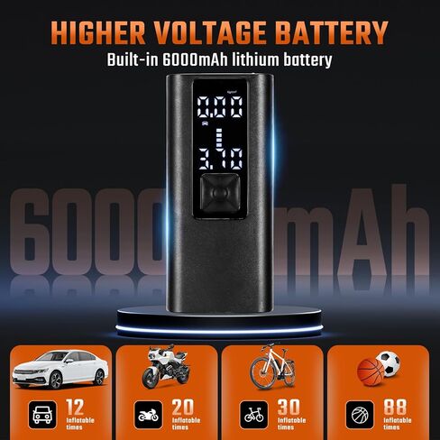 ضاغط هواء محمول لنفخ الإطارات، مضخة هواء لضغط الإطارات 120 رطل لكل بوصة مربعة لإطارات السيارات، مضخة هواء نفخ لاسلكية مع مقياس ضغط رقمي للسيارة والشاحنات والدراجات والدراجات النارية والكرة والمزيد in Kuwait