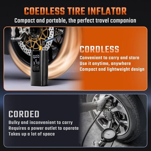 ضاغط هواء محمول لنفخ الإطارات، مضخة هواء لضغط الإطارات 120 رطل لكل بوصة مربعة لإطارات السيارات، مضخة هواء نفخ لاسلكية مع مقياس ضغط رقمي للسيارة والشاحنات والدراجات والدراجات النارية والكرة والمزيد in Kuwait