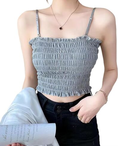 Womens Summer Trendy Sleeveless Y2K Ruffle Crop Top Square Neck Detachable Spaghetti Strap with Built in Bras in Saudi Arabia