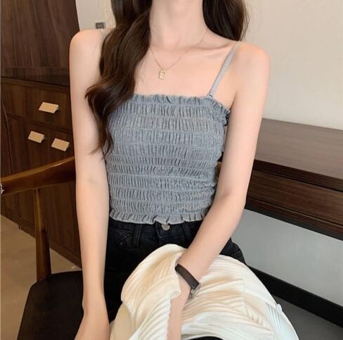 Womens Summer Trendy Sleeveless Y2K Ruffle Crop Top Square Neck Detachable Spaghetti Strap with Built in Bras in Saudi Arabia