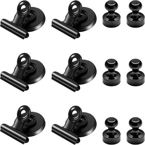 12Pcs Black Fridge Magnets Magnetic Clips, Two Types of List Display Paper Fasteners, Small Magnetic Accessories for Whiteboard Office Classroom Map Kitchen Office Locker (Cylindrical and Clips) in Saudi Arabia