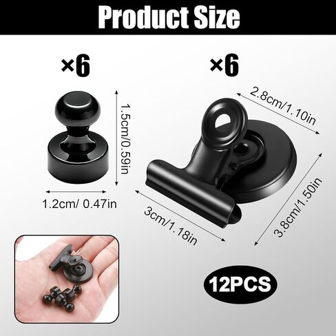 12Pcs Black Fridge Magnets Magnetic Clips, Two Types of List Display Paper Fasteners, Small Magnetic Accessories for Whiteboard Office Classroom Map Kitchen Office Locker (Cylindrical and Clips) in Saudi Arabia