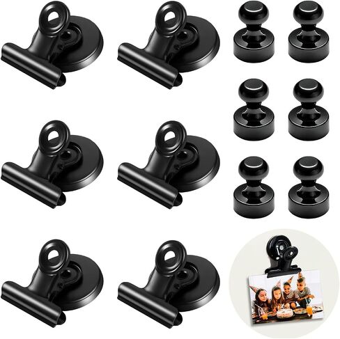 12Pcs Black Fridge Magnets Magnetic Clips, Two Types of List Display Paper Fasteners, Small Magnetic Accessories for Whiteboard Office Classroom Map Kitchen Office Locker (Cylindrical and Clips) in Saudi Arabia