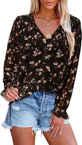 Womens Casual Boho Floral Printed Tops V Neck Drawstring Long Sleeve Button Down Shirts Dressy Chiffon Loose Blouses in Saudi Arabia