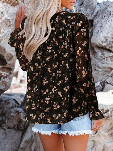 Womens Casual Boho Floral Printed Tops V Neck Drawstring Long Sleeve Button Down Shirts Dressy Chiffon Loose Blouses in Saudi Arabia