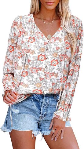 Womens Casual Boho Floral Printed Tops V Neck Drawstring Long Sleeve Button Down Shirts Dressy Chiffon Loose Blouses in Saudi Arabia