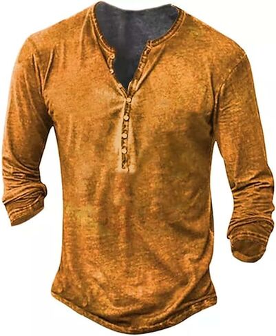 Mens Distressed Henley Shirts Front Placket Retro Long Sleeve Tee Shirts Casual Button Down Washed T-Shirts for Men in Saudi Arabia