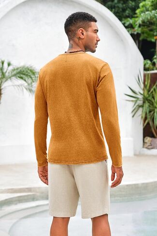 Mens Distressed Henley Shirts Front Placket Retro Long Sleeve Tee Shirts Casual Button Down Washed T-Shirts for Men in Saudi Arabia