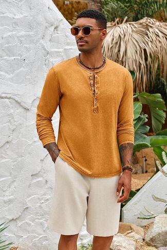 Mens Distressed Henley Shirts Front Placket Retro Long Sleeve Tee Shirts Casual Button Down Washed T-Shirts for Men in Saudi Arabia