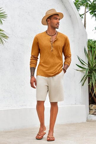 Mens Distressed Henley Shirts Front Placket Retro Long Sleeve Tee Shirts Casual Button Down Washed T-Shirts for Men in Saudi Arabia