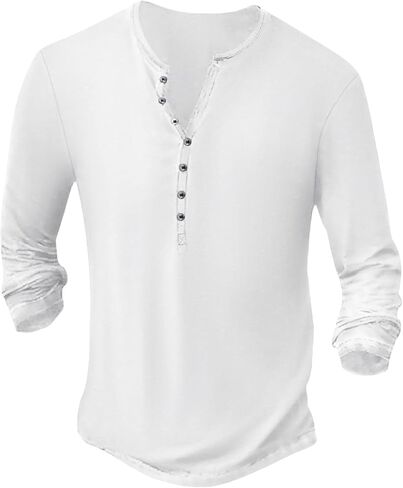 Mens Distressed Henley Shirts Front Placket Retro Long Sleeve Tee Shirts Casual Button Down Washed T-Shirts for Men in Saudi Arabia
