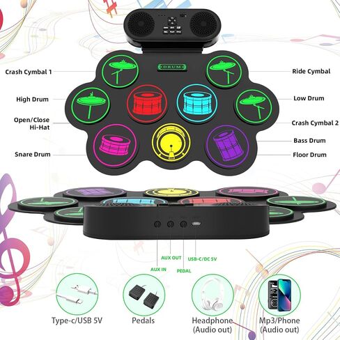 9-Pads Electronic Drum Set with Headphone Jack Speaker Drumsticks & Pedals, Holiday Gifts for Kids in Saudi Arabia