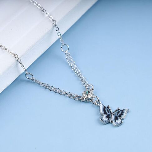 Butterfly Anklet Bracelet Boho Silver Layered Colorful Butterfly Pendant Ankle Chain Single Tiny Square Crystal Butterfly Hawaiian Beach Butterfly Pendant Foot Chain for Women and Girls in Saudi Arabia