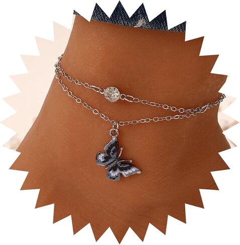 Butterfly Anklet Bracelet Boho Silver Layered Colorful Butterfly Pendant Ankle Chain Single Tiny Square Crystal Butterfly Hawaiian Beach Butterfly Pendant Foot Chain for Women and Girls in Saudi Arabia