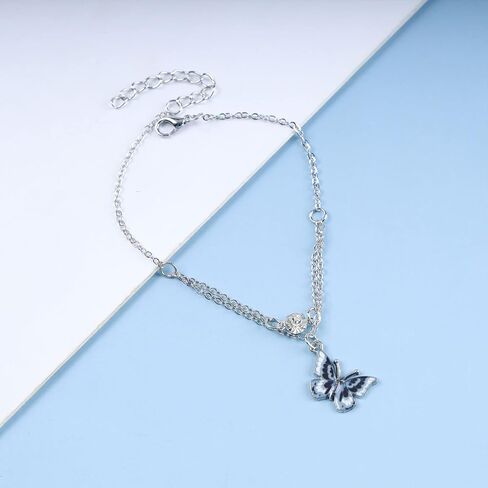 Butterfly Anklet Bracelet Boho Silver Layered Colorful Butterfly Pendant Ankle Chain Single Tiny Square Crystal Butterfly Hawaiian Beach Butterfly Pendant Foot Chain for Women and Girls in Saudi Arabia