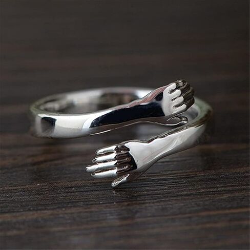 Hug Ring, Sterling Silver Hug Rings for Women Silver Hugging Hands Open Promise Ring Jewelry Hug Hands Mens Rings Couples Wedding Bands Adjustable Solid Vintage Silver Ring in Saudi Arabia