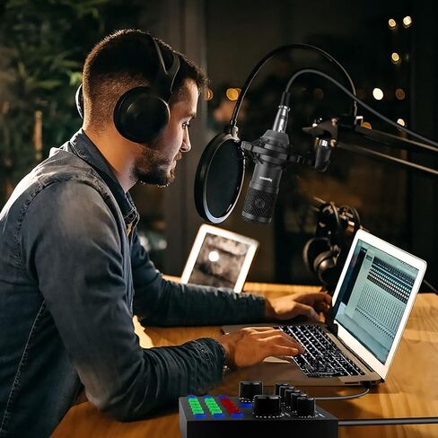 حزمة معدات بودكاست، واجهة صوتية مع ميكسر دي جيه الكل في واحد وميكروفون بث الاستوديو، مثالية للتسجيل والبث المباشر والالعاب، متوافقة مع الكمبيوتر والهاتف الذكي ومحطة اللعب in Kuwait