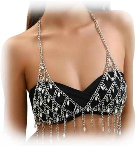 Summer Beach Crystal Harness Body Chain Jewelry Sexy Bikini Rhinestone Bra Body Chain Festival Rave Body Chain Jewelry for Women in Kuwait