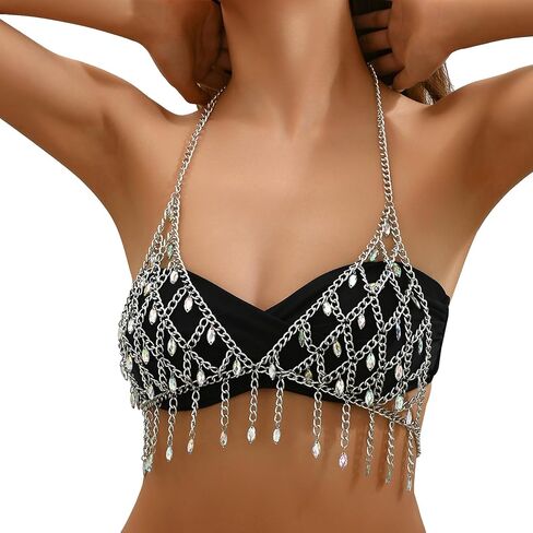 Summer Beach Crystal Harness Body Chain Jewelry Sexy Bikini Rhinestone Bra Body Chain Festival Rave Body Chain Jewelry for Women in Kuwait