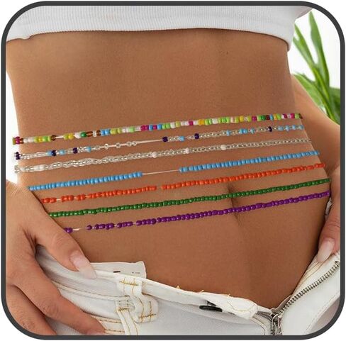 Beaded Waist Chain 7Pack Layered Body Belly Chain African Colorful Beads Waist Chain Summer Pop Beach Chain Body Jewelry Accessories for Women in Saudi Arabia