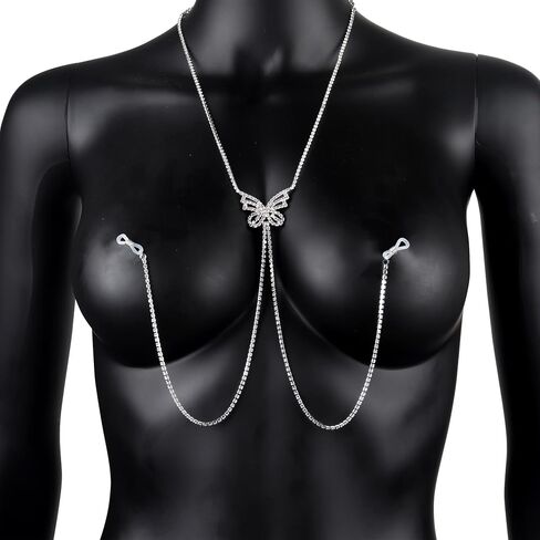 Rhinestone Butterfly Chest Chain for Women Adjustable Bra Body Chain Non Piercing Nipple Chain Bikini Beach Body Jewelry in Saudi Arabia