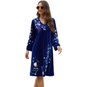 AK Traditional Mexican Dress for Women Vintage Floral Embroidered Flowy V Neck Maxi Velvet Midi Dress