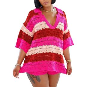 Voghtic Crochet Sets Two Piece Women Sexy V Neck Color Block Knit Hollow Out Lounge Matching Shorts Sets Beach Outfits