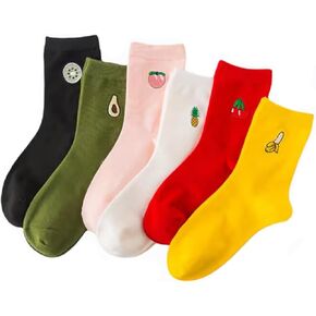 Fruit Socks Cute Socks Cherry Avocado Pineapple Embroidered Crew Socks for Women Cotton 6pairs