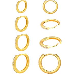 Surgical Steel Earrings Set for Multiple Piercing Hypoallergenic , 14K Gold Plated Flatback Small Hoop Stud Earrings Pack - Sterling Silver Cartilage Helix CZ Huggie Earrings - Titanium Heart Ball Moon Dot CZ Stud Earrings for Women Men