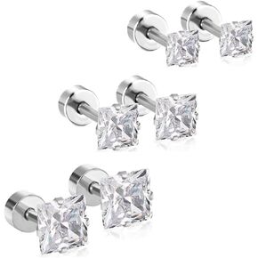 18G Princess Cut Clear Cubic Zirconia Cartilage Small Stud Earrings for Men Women Square Barbell Tragus Helix Screw Sleeper Surgical Steel Flat Back Piercing Studs Hypoallergenic 3 Pairs 3-5mm