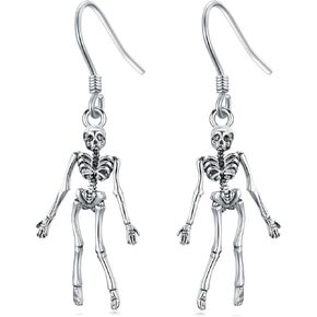 Black Skull Earrings 925 Sterling Silver Skeleton Dangle Earrings Halloween Gifts for Men Women