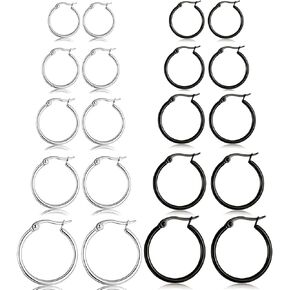 5-10 Pairs Silver Black Hoop Earrings for Women, Small Stainless Steel Hypoallergenic Earrings Set Mens Girls Lightweight Nickel Free Cartilage Earings