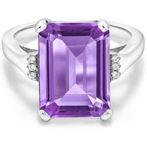 Gem Stone King 925 Sterling Silver Purple Amethyst Engagement Ring For Women (6.32 Cttw, Emerald Cut 14X10MM, Gemstone Birthstone, Available in size 5, 6, 7, 8, 9)