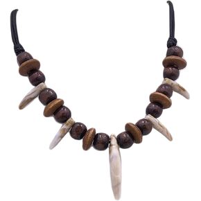 MOKAVIKY 25 Adjustable Tribal Wolf Tooth Necklace for Women Men Resin Wolf Tooth with Woody Beaded Necklace