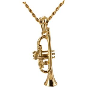 PAMTIER Unisex Stainless Steel Vintage Style Brass Musical Instruments Trumpet Pendant Punk Necklace