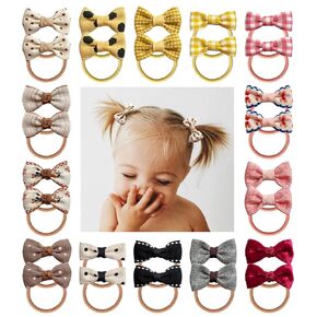 Toddler Hair Ties with Flowers, 24 pcs Hair Bow Ties for Baby Girls' Fine Hair, No Damage Soft Elastic Nylon Hair Bands, Pigtails Ponytail Holders Hair Accessories for Girls Kids Children