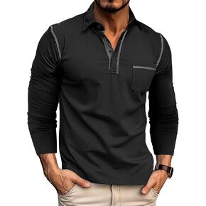 Men's Long Sleeve Polo Shirts, Casual Business Cotton Blend Thermal Button Down Golf Shirt with Pocket
