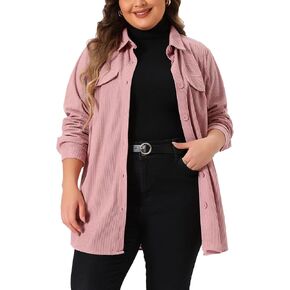Agnes Orinda Plus Size Corduroy Shacket Jackets for Women Button Down Shirts Pocket Long Sleeves Tops Jacket