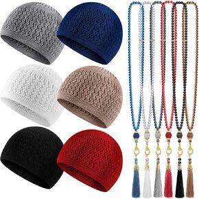 Jiuguva 12 Pieces Kufi Hats for Men Muslim and Muslim Prayer Beads Set Include 6 Handicraft Knitted Muslim Hat Stretchy Taqiyah Cap and 6 Muslim Tasbih 99 Beads Muslim Ramadan Gifts