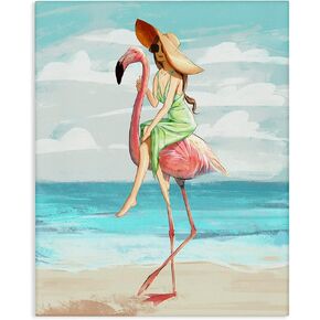 Stupell Industries Beach Woman Riding Pink Flamingo Tall Tropical Bird, Designed by Ziwei Li Canvas Wall Art, 16x20, Green