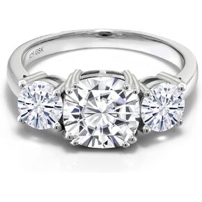 Gem Stone King 925 Sterling Silver White Moissanite 3 Stone Engagement Ring For Women (3.40 Cttw, Gemstone, Cushion 8MM, Available in Size 5,6,7,8,9)