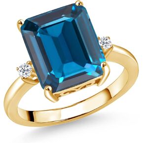 Gem Stone King 18K Yellow Gold Plated Silver 12X10MM London Blue Topaz and 2MM White Topaz 3 Stone Engagement Ring For Women | 7.58 Cttw | Gemstone Birthstone | Available in Size 5,6,7,8,9