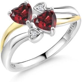 Gem Stone King 925 Silver and 10K Yellow Gold Red Garnet and White Lab Grown Diamond Ring For Women (1.22 Cttw, January Birthstone, Heart Shape 5MM, Available in Size 5,6,7,8,9)