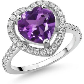 Gem Stone King 925 Sterling Silver 10MM Heart Shape Gemstone Birthstone and White Moissanite Halo Engagement Ring | Wedding Anniversary Promise Ring For Women | Available In Size 5, 6, 7, 8, 9