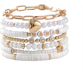 tenghong2021 Boho Multiple Layers Mama Metal Love Pendant Bracelets for Women Surfer Polymer Clay Heishi Stackable Beaded Elastic Bracelets for Women Summer Beach Jewelry Set