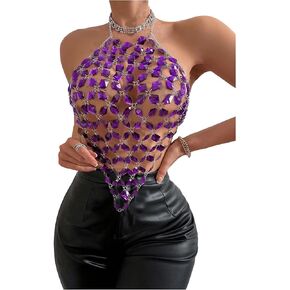 SHENHE Women's Open Back Sexy Diamond Body Top Backless Halter Rave Shirt Club Top