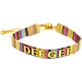 Sorority Shop Delta Gamma Bracelet — Multi-Color Woven Bracelet with Gold-plated Sorority Nickname and Adjustable Clasp