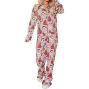 Ecosunny Christmas Santa Pajama Set Women's Long Sleeve Sleepwear Soft Loungewear Two Piece Button Down Pjs Lounge Set in Kuwait